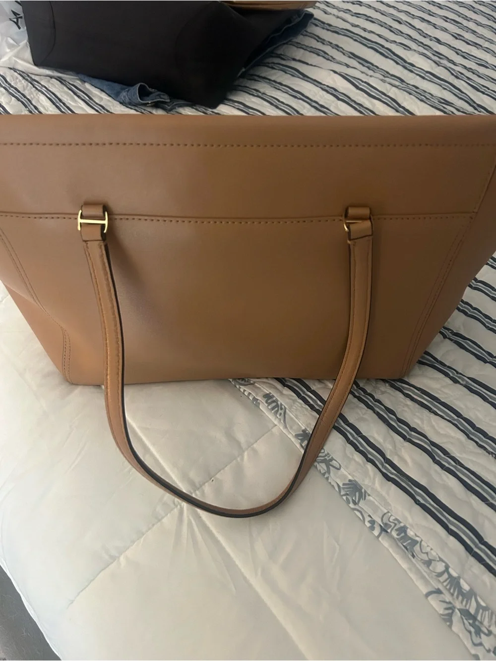 Tory Burch Caramel Leather Tote with Gold Logo